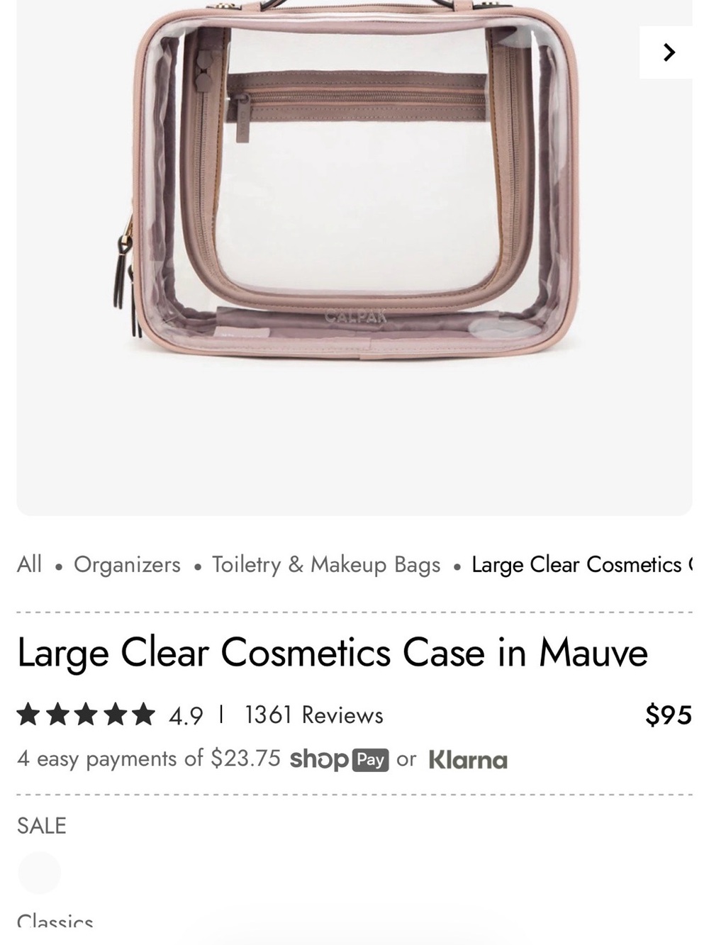 CALPAK Large Clear Cosmetics Case in Mauve